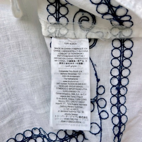 Tory Burch Embroidered Beach Caftan Cover-Up Mini Dress Navy Blue White Linen S - Picture 10 of 11